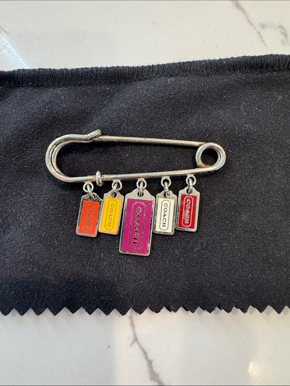 VINTAGE COACH Silver Safety Pin Brooch with Multicolor Enamel Charms